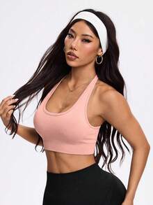 SHEIN Sports 女士纯色挂脖式休闲日常健身运动文胸 - 粉色 - 查看 4