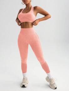 SHEIN Sports 女士纯色露脐背心和紧身裤运动套装 - 泡泡糖粉 - 查看 2