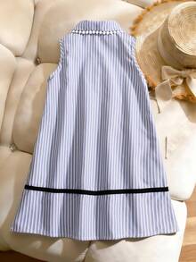 Genkimix Kids Young Girls Sleeveless Blue Striped Collar Dress With Pockets And Bow Design, Casual A-Line Dress - Blue - View 2