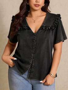 SHEIN Elaquor Áo sơ mi tay ngắn trơn đơn giản cỡ lớn - màu đen - Xem 1