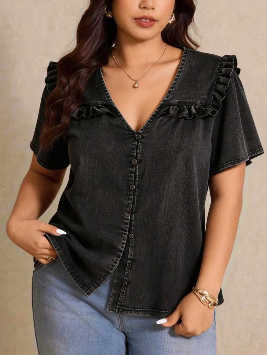 SHEIN Elaquor Áo sơ mi tay ngắn trơn đơn giản cỡ lớn - màu đen - Xem 1