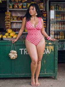 Swim Mod 大码极简印花无袖连体泳衣 - 粉色 - 查看 3