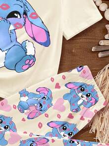 Tween Girls Cute Pink Heart Lip Print,Cartoon Blue Rabbit Lulu Pajamas Set,Beige Summer Home Wear Sleep,Minimalist Round Neck Short Sleeve & Shorts - Multicolor - View 5