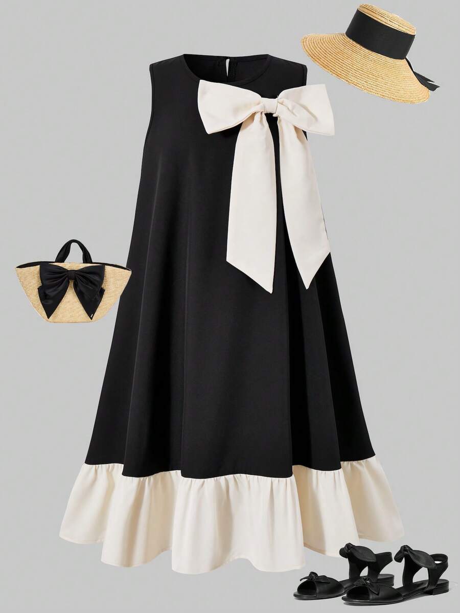 Elegante vestido de niña con volantes y decoración de perlas en malla - Blanco y Negro - Ver 1