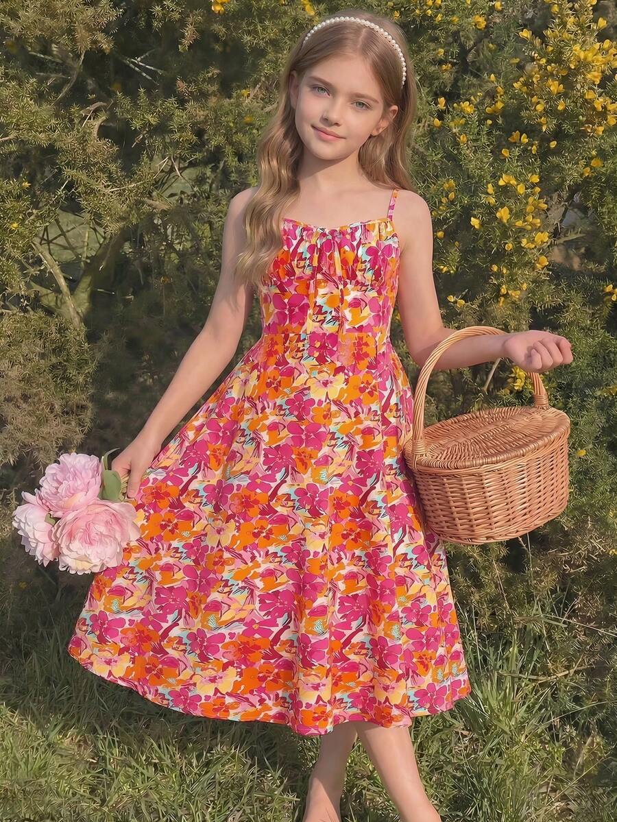 SHEIN Tween Girl Pink Floral Summer Boho Holiday Dress,Backless Ditsy Floral Bohemian Style Maxi Dress,Teen Girls Picnic Long Casual Vacation Beach Dress - Multicolor - View 1