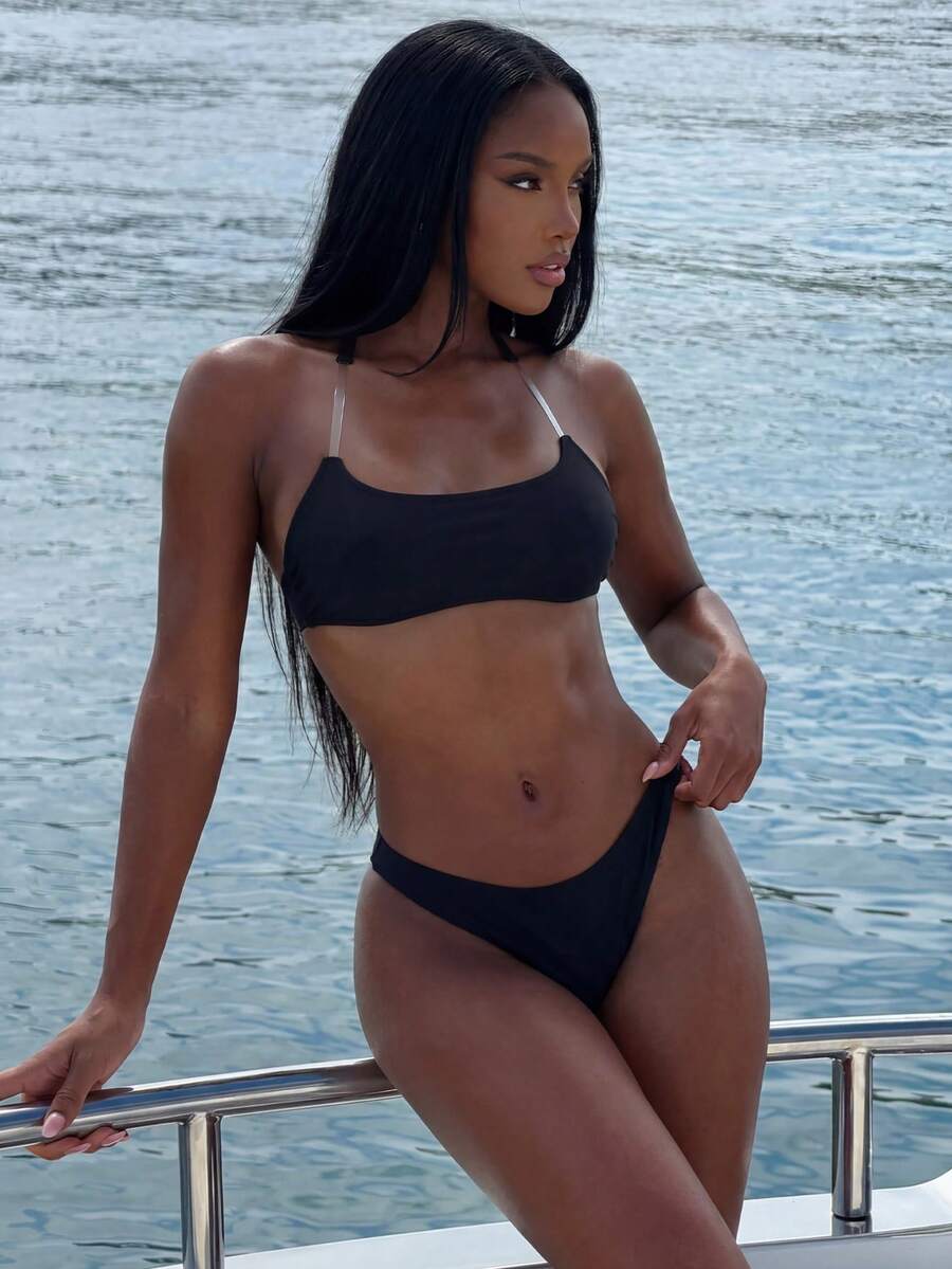 Slaydiva Damen Schwarzes Bikini Set, Oberteil mit transparenten Trägern, hochgeschnittene Hose, 2-teilige Badebekleidung, Sommer Strand Strandurlaub Urlaub, Badeanzüge, minimalistisch sexy am sexysten elegant - Schwarz - Übersicht 1