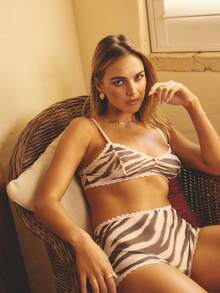 Aralina 女士两件套斑马纹网纱印花蕾丝边饰文胸，饰有玫瑰花结，搭配同款蕾丝边短裤，可爱两件套内衣 - 彩色 - 查看 6