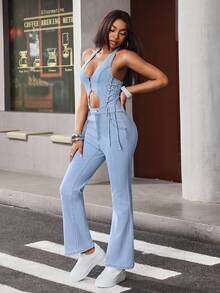 SHEIN ICON Women's Front Zipper Pocket Casual Denim Bib Pants - Light Wash - View 4