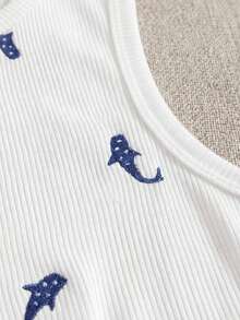 SHEIN Tween Girls Colorblock Embroidered Sleeveless Round Neck Tank Top - White - View 3