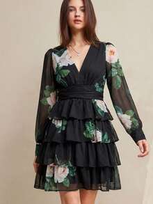 Aveloria Rosie Đầm ngắn tay bồng kiểu Pháp cổ chữ V, chất liệu chiffon, họa tiết hoa nhí, xếp lớp, phong cách nghỉ dưỡng, dành cho nữ. - Nhiều màu - Xem 5
