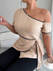 Elenzga Plus Size Women Elegant Asymmetric Hem Patchwork Color Block Short Sleeve Blouse - Apricot - View 5
