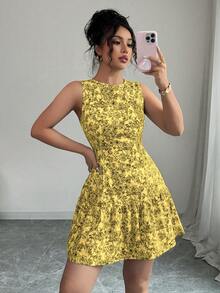 Elenzga Bohemian Style Elegant Floral Print Sleeveless Belted Mini Dress, Suitable For Graduation Season, Festivals, Spring/Summer - Multicolor - View 3