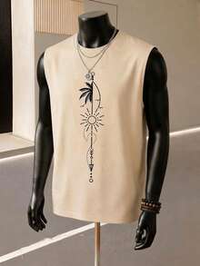 Manfinity Joysei 男士休闲太阳印花无袖背心，夏季 - 卡其色 - 查看 2