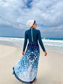 Swim Mulvari Women's Leaf Print Long Sleeve Jumpsuit, Burkini Swimsuit And Skirt Set, Suitable For Spring/Summer, Beach, Party - Blue - View 2