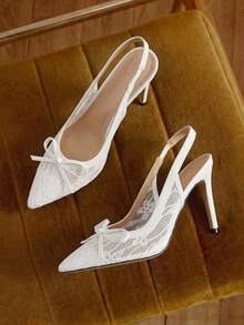 女士蕾丝蝴蝶结细高跟鞋，2025新款白色高跟鞋 - 白色 - 查看 1