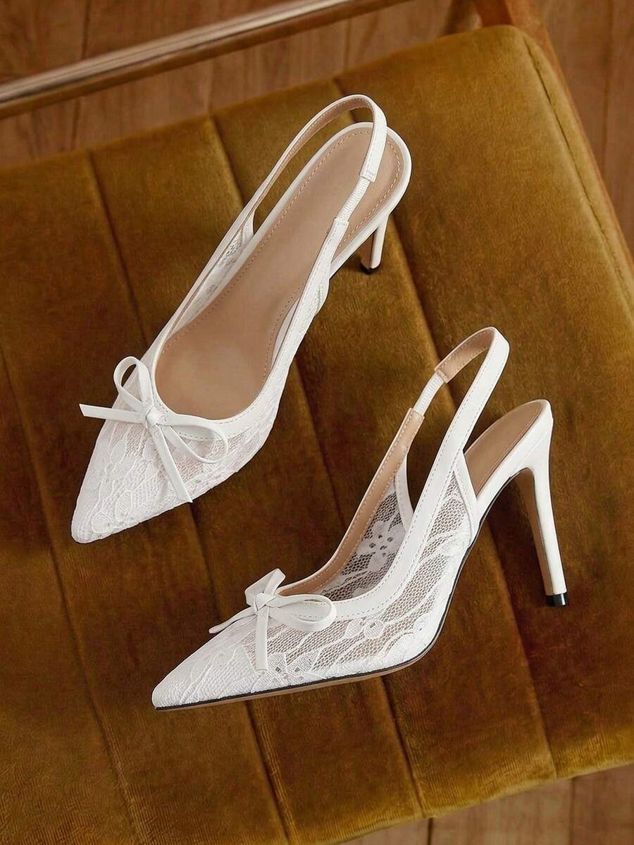 女士蕾丝蝴蝶结细高跟鞋，2025新款白色高跟鞋 - 白色 - 查看 1