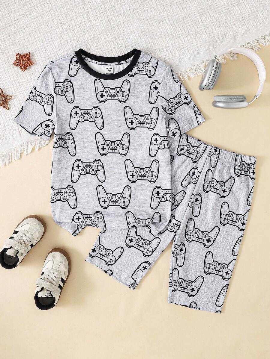 SHEIN Set de 2 piezas de pijama de pantalón corto y camiseta de manga corta con estampado de control de juegos minimalista y luminoso para adolescentes, cómodo, amigable con la piel, casual, estilo universitario, versátil, tela suave, adecuado para uso diario, vacaciones, primavera/verano - Negro - Ver 1