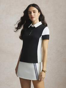 Activina 女士撞色 Polo 领短袖高尔夫球衫 - 黑與白 - 查看 4