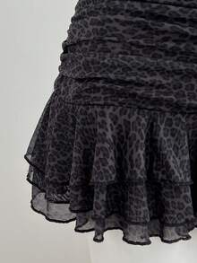Elamini Women's Elegant Ruffled Hem Leopard Print Mini Skirt, Suitable For Casual, Party, Beach, Graduation Season - Black - View 4