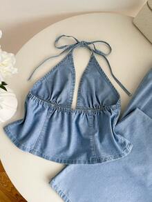Elamini Bộ đồ denim nữ kiểu yếm buộc dây gồm áo và quần, thích hợp mặc hàng ngày. - Màu xanh lam - Xem 4
