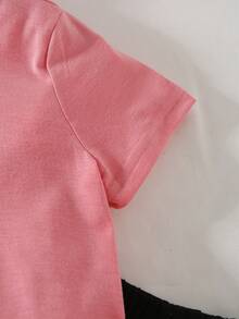 SHEIN Elladie kids 2件組少女休閒甜美日常圓領短袖短版T恤，附蝴蝶結裝飾與鬆緊腰短褲 - 珊瑚粉 - 查看 6