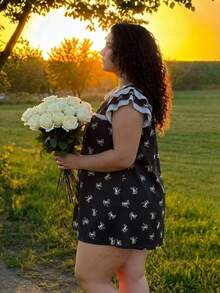 SHEIN CURVE+ Women's Plus Size Lotus Leaf Sleeve Bow Print Pattern Shirt, Doll Shirt - Black and White - View 7