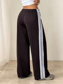 SHEIN PETITE Women's Knit Casual Sweatpants With Side Stripe, Deep Brown - Chocolate Brown - View 9