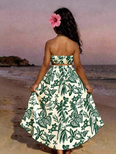 Sparklyn Tween Girl All-Over Print Slit Halter Casual Vacation Sleeveless Dress