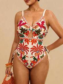 Travachic Plus Size Women Palm Tree Print Fashion Spaghetti Strap One-Piece Swimsuit Summer Beach Vacation - Multicolor - View 5