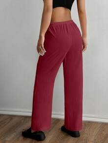 SHEIN Unity 女士纯色弹力腰抽绳直筒宽松休闲裤 - 酒紅色 - 查看 2