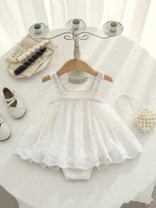 SHEIN Babygirl Elegant & Cute Casual White Knit Patchwork Floral Embroidery Mesh Romper - White - View 10