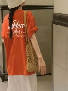 女士百搭时尚字母印花圆领短袖T恤，简约图案T恤 - 橘色 - 查看 4