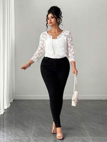 Elenzga Plus Size Women's Open Front Crop Flower Lace Jacket White Top Work Tops For Women Elegant Women's Blouses  Summer Tops,For Beach Summer Holiday Party  Graduation Office - White - View 5