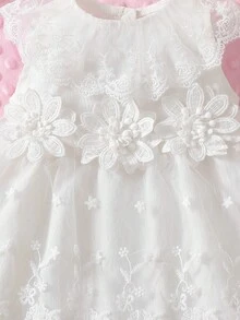 SHEIN Vestido ligero de malla sin mangas con cuello de encaje para bebé recién nacida, adecuado para celebración de los 100 días, fotos familiares y asistir a bodas, primavera/verano - Blanco - Ver 4