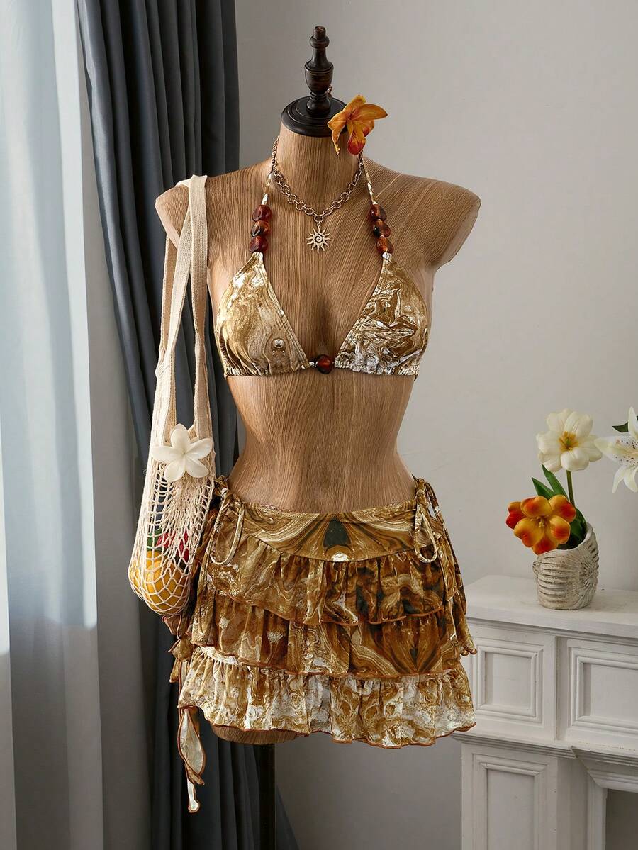 Bellisia Summer Women 3-Piece Set: Marble Print Beaded Necklace, Triangle Top With Tie Sides, Layered Ruffle Skirt Bikini Swimwear Beach Vacation Gold Sexy - Coffee Brown - View 1