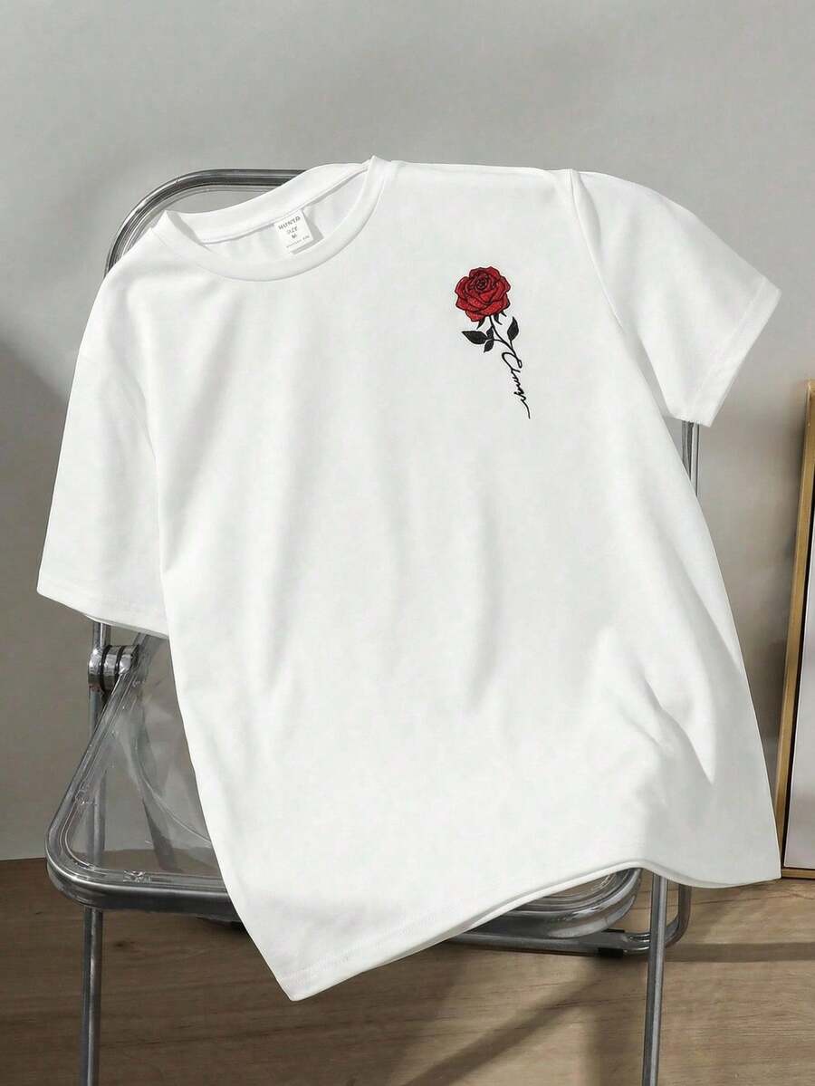 SHEIN Tween Boy Casual Minimalist Fashion Classic Valentine's Day Graphic Knit T-Shirt, Suitable For Summer, Suitable For Party, Outdoor Play, School, Street Photography, Vacation - White - View 1