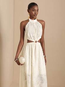 Lyxana Women's Off-White Textured Jacquard Fabric Halter Backless Cinched Waist Back Design Metal Ring Hollow Out A-Line Dress Sexy Elegant Tropical Vacation - Apricot - View 5