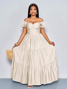 SOLERSUN Women's Plus Size Beige Summer Elegant Tea Party Wedding Guest Holiday Boho V-Neck Pleated A-Line Maxi Dress, Beach Vacation Hawaii Swing - Apricot - View 3