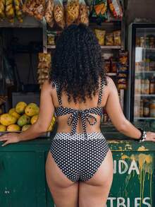Swim Vcay Plus Size Polka Dot Print Color Block Bikini Swimwear Set Black,Summer,1920s Flapper,Beach,Holiday Bathing Suits For Women Bikini Dots Set - Black and White - View 2