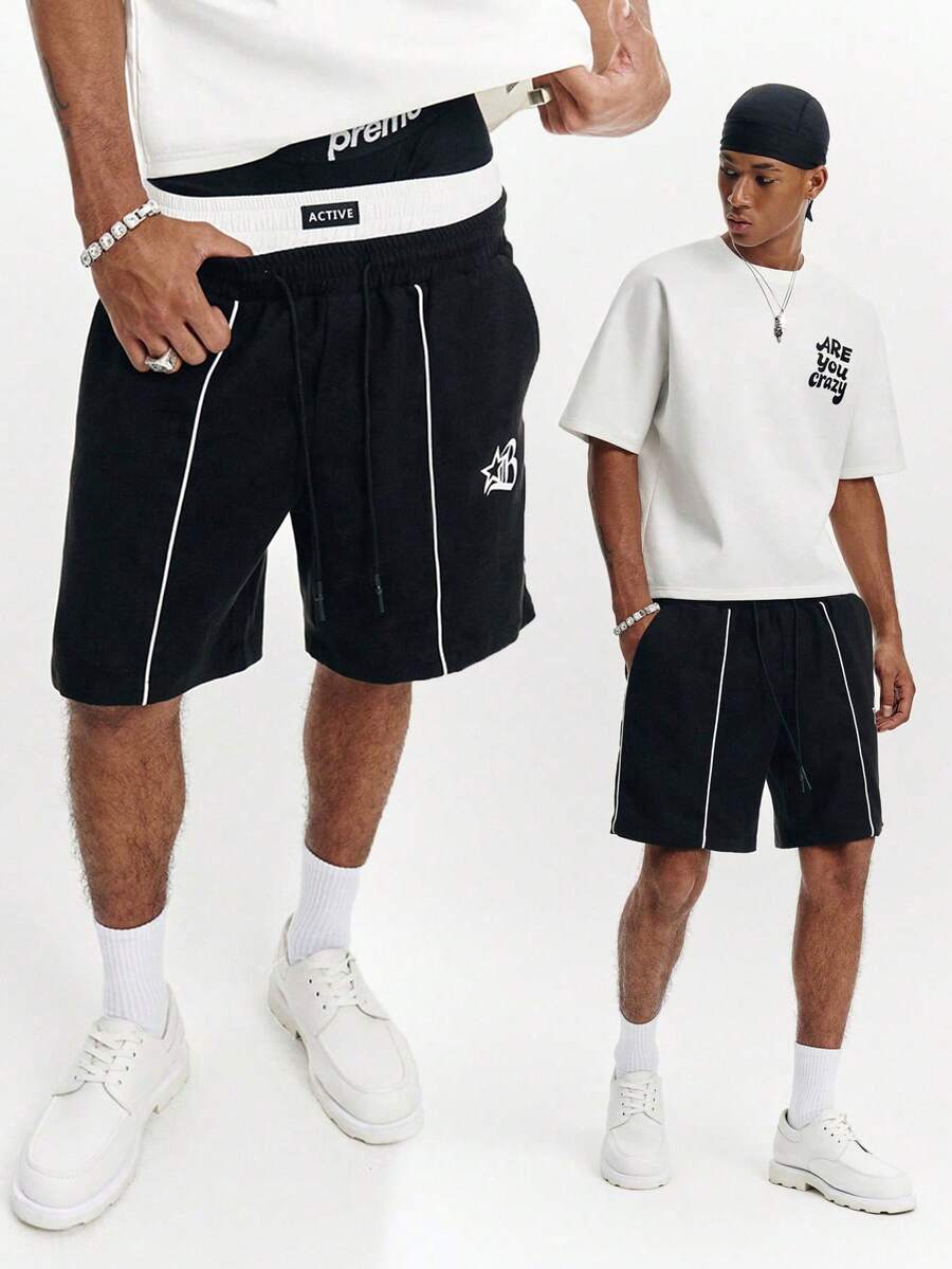 PAVTROS Manfinity Streetrush Men's Casual Loose Waistband Print Drawstring Summer Shorts - Black - View 1