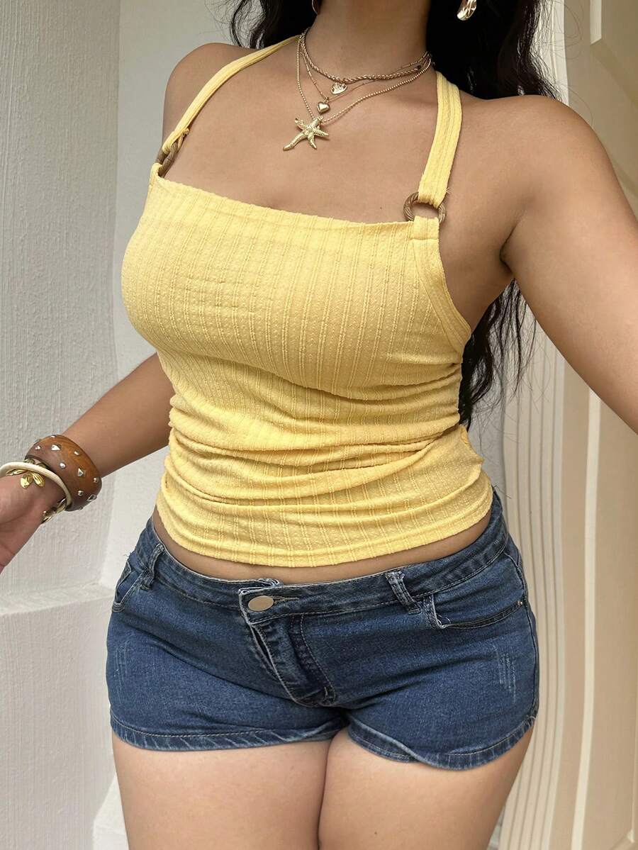 Sunnyshic 休闲优雅简约法式度假风提花面料百搭大码女式夏季黄色吊带衫 - 黃色 - 查看 1