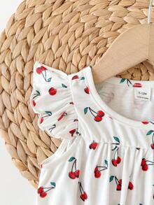 SHEIN 新生女宝宝可爱夏季休闲碎花连体衣，带荷叶袖 - 紅色 - 查看 5
