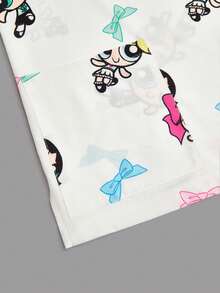 PopScrub THE POWERPUFF GIRLS X SHEIN 女士清新白色底彩色蝴蝶结印花V领手术服上衣 - 白色 - 查看 7