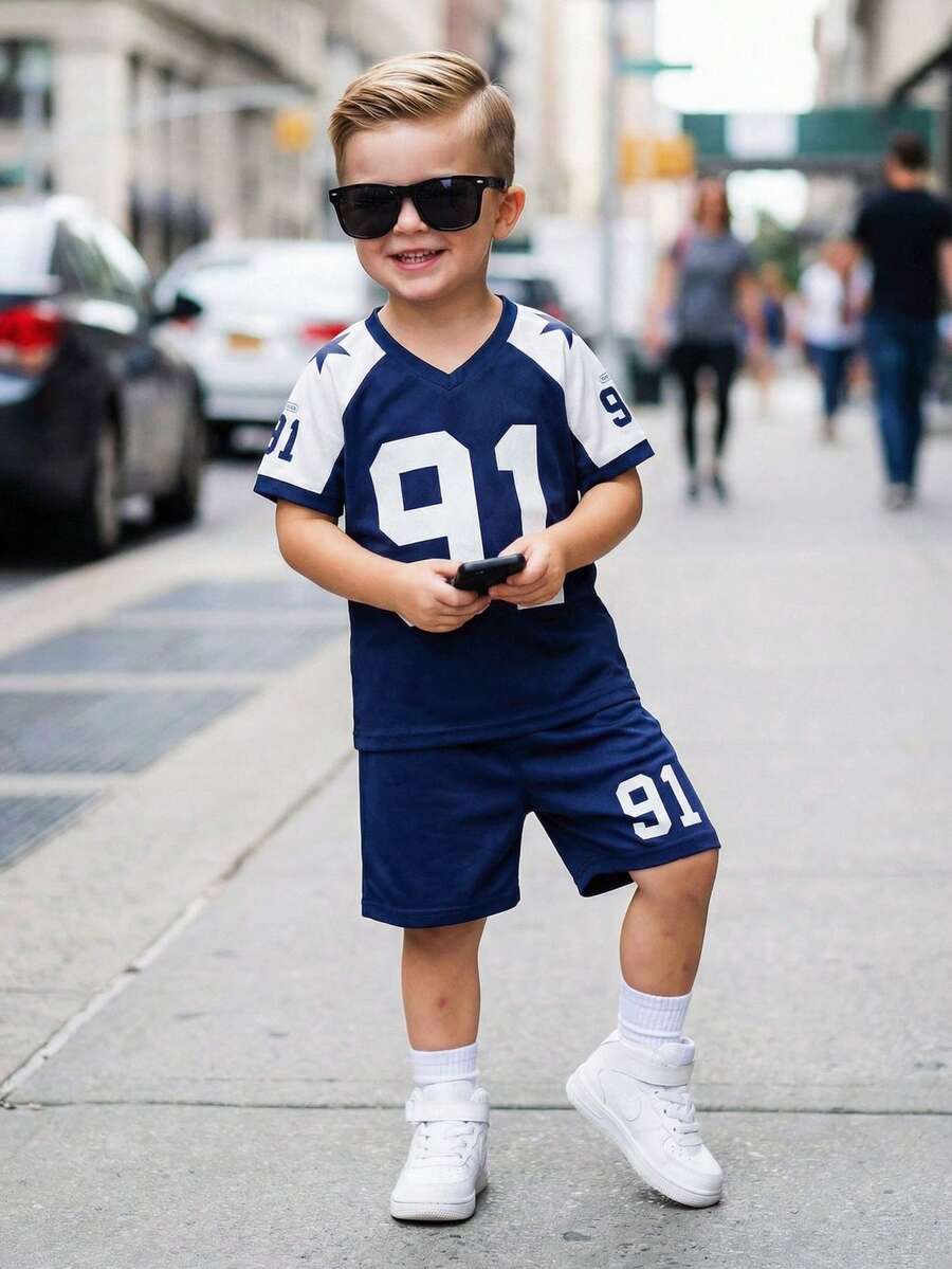 Playful Pals 2pcs/Set Toddler Boys' Summer Casual Retro Loose Sports V-Neck 91 Number Letter Print Color Block Short Sleeve Top & Elastic Waist Shorts Set,Soft - Royal Blue - View 1