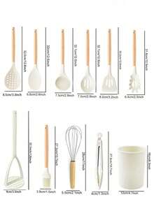 Madebyblanc Bộ dụng cụ nấu ăn bằng silicon 13 món, bao gồm giá đỡ, bộ dụng cụ nhà bếp, thích hợp để nấu nướng, thìa cán gỗ, kìm. - trắng - Xem 18