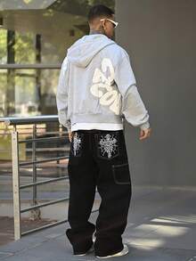 Devon Thys 男式字母印花连帽拉链长袖卫衣 - 灰色 - 查看 2