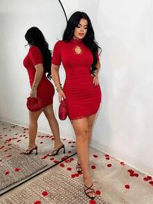 SHEIN SXY 性感蕾丝拼接镂空连衣裙 - 紅色 - 查看 7