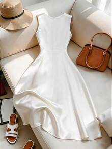 Balvessa French-Style Off-White Summer Elegant Wedding Bridal Dress,Women's V-Neck Sleeveless Fitted Waist Bow Tie Satin Mid-Length A-Line Classic High Quality - White - View 2