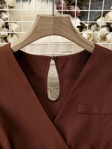 INAWLY 女士休闲简约纯色腰带无袖连体裤 - 咖啡棕 - 查看 3