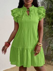 Slaydiva Vestido de talla grande de unicolor con cuello de corbata, mangas con volantes y dobladillo con volantes, vestido de verano - Verde - Ver 6